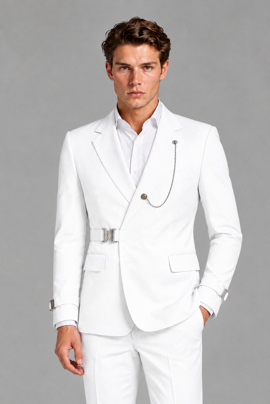 Savile Men's White Buckle-Closure 2-Piece Suit Set | Peak Lapel Blazer & Trousers - White