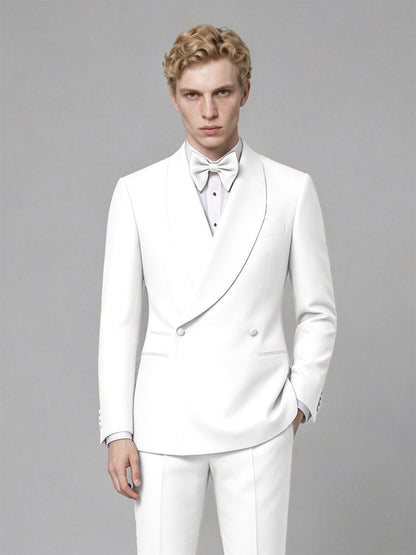 Men's White Single-Button White Satin Shawl Lapel Tuxedo Suit Set | Blazer & Trousers - White