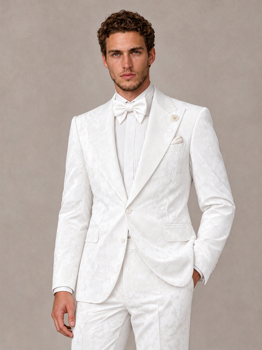 Savile Men's White Crushed Velvet Peak Lapel 2-Piece Suit Set | Jacket & Trousers - White - White (1)