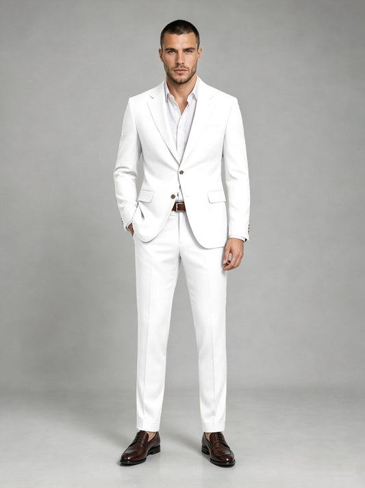 Savile Men's Dark White Wool-Blend 2-Piece Suit Set – Two-Button Notch Lapel Slim-Fit Blazer & Turn-Up Trousers - White