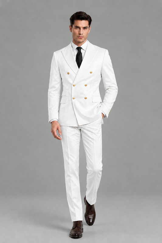 Savile Men's White Velvet Double-Breasted 2-Piece Suit Set | Peak Lapel Blazer & Trousers - White