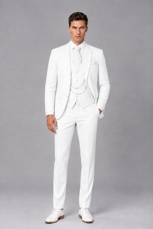 Savile White 3-Piece Suit with Notch Lapel & Chain Vest - White