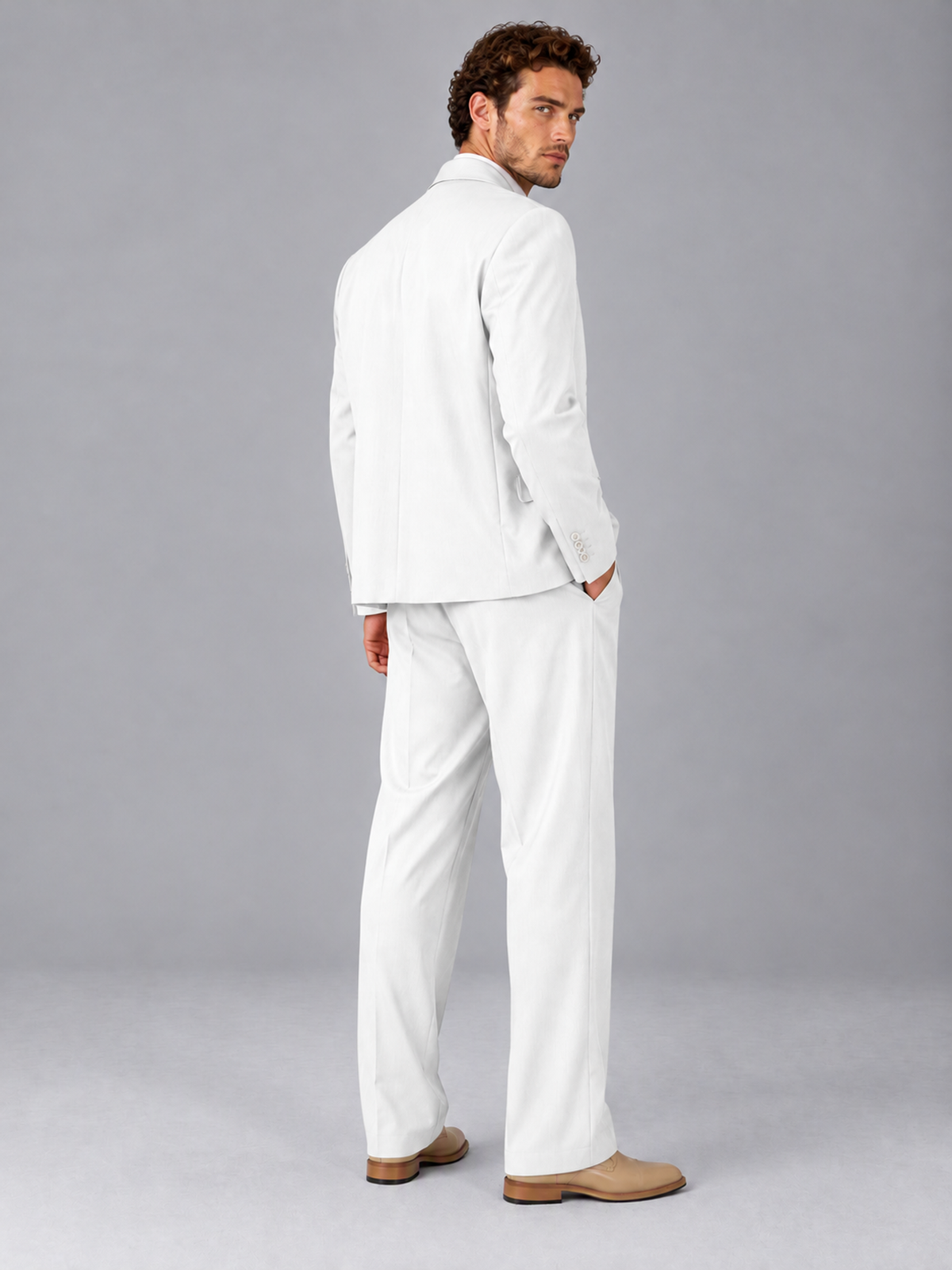 Savile White Beige Double-Breasted 2-Piece Suit with Peak Lapel - White