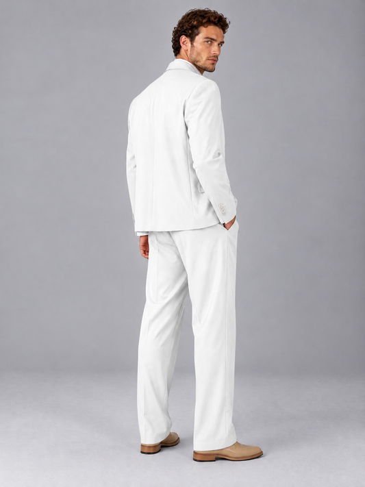 Savile White Beige Double-Breasted 2-Piece Suit with Peak Lapel - White