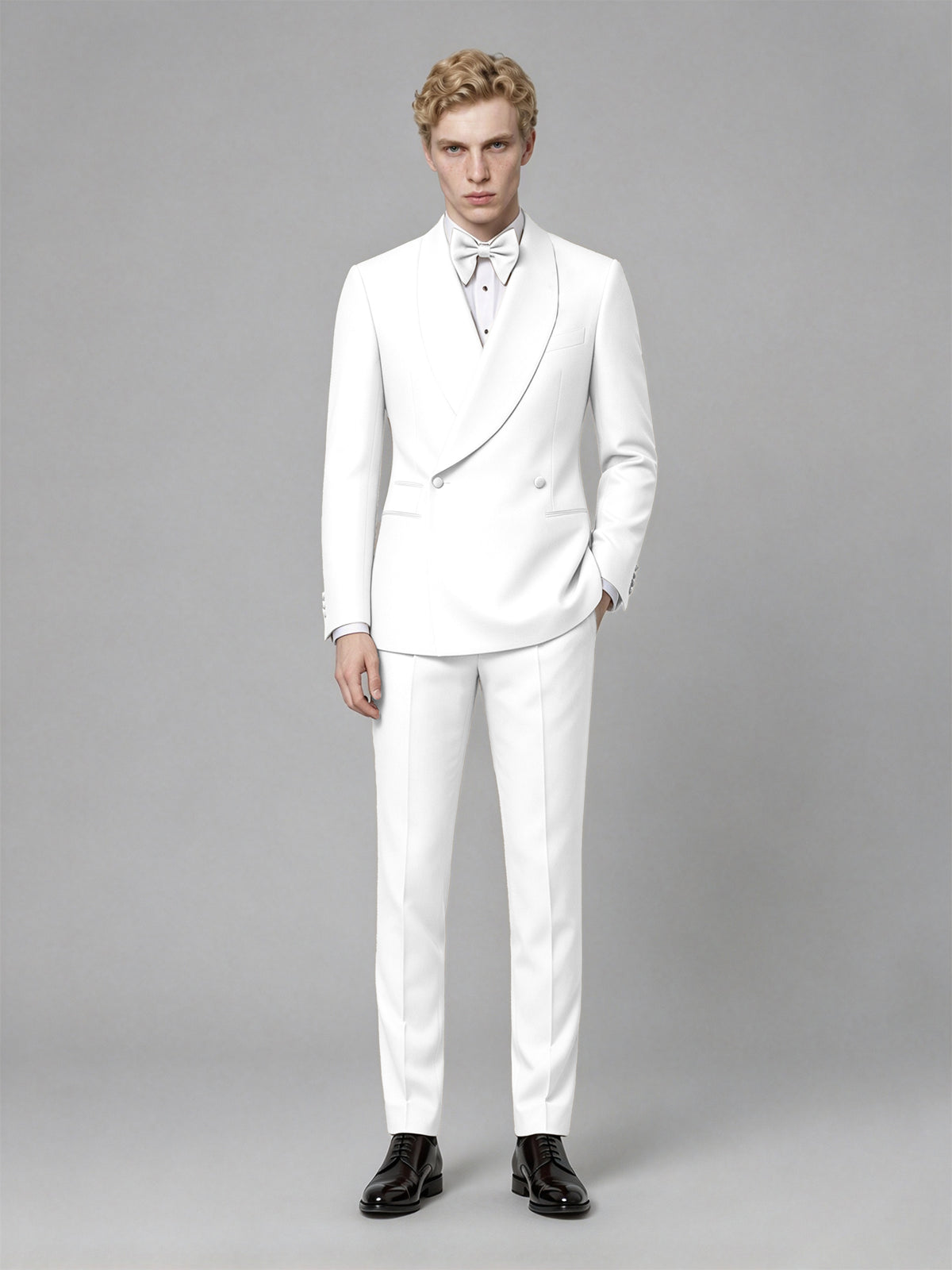 Men's White Single-Button White Satin Shawl Lapel Tuxedo Suit Set | Blazer & Trousers - White