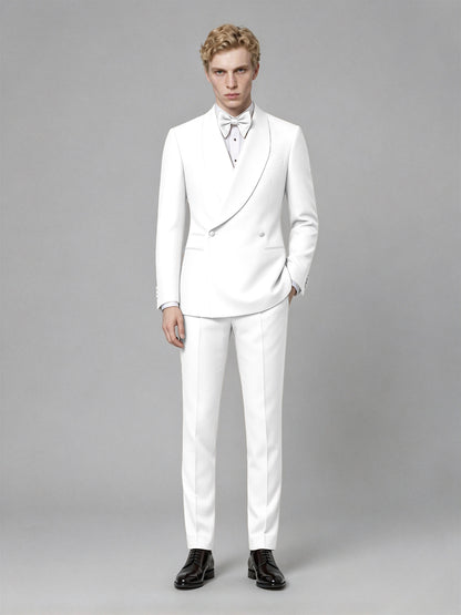 Men's White Single-Button White Satin Shawl Lapel Tuxedo Suit Set | Blazer & Trousers - White