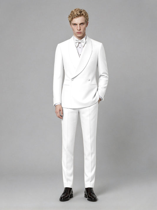 Men's White Single-Button White Satin Shawl Lapel Tuxedo Suit Set | Blazer & Trousers - White