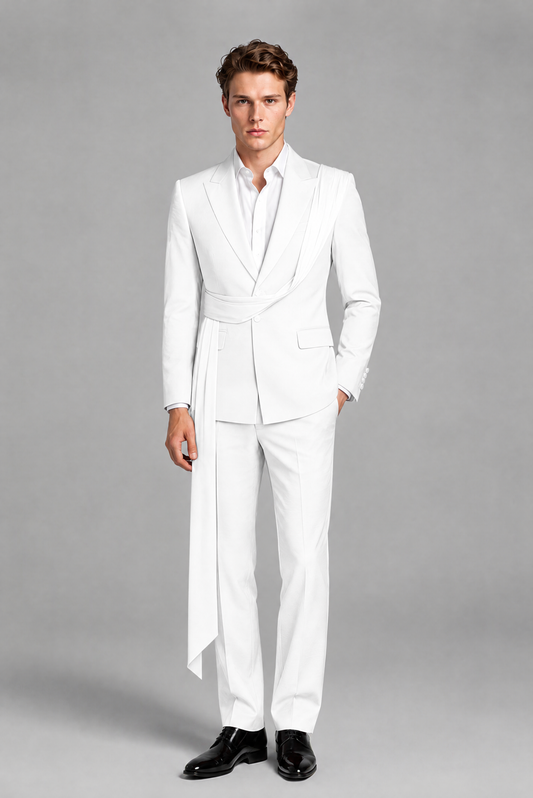 Men's White Draped Sash Suit – Peak Lapel 2-Piece Slim Fit Party, Gala & Wedding Set - White
