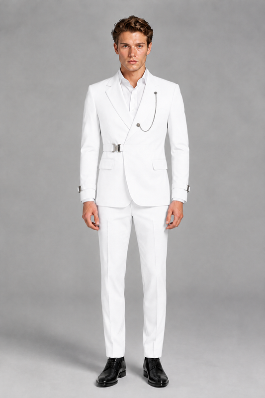 Savile Men's White Buckle-Closure 2-Piece Suit Set | Peak Lapel Blazer & Trousers - White