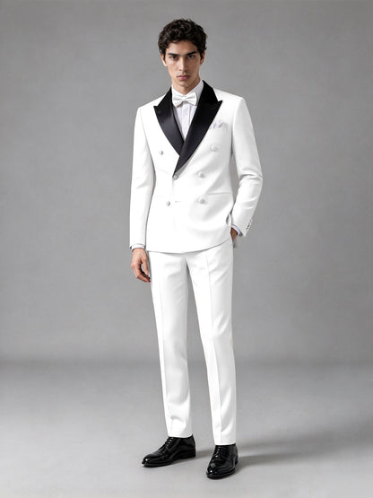 Men's White Double-Breasted Satin Peak Lapel Tuxedo Suit Set (Jacket + Trousers) - White