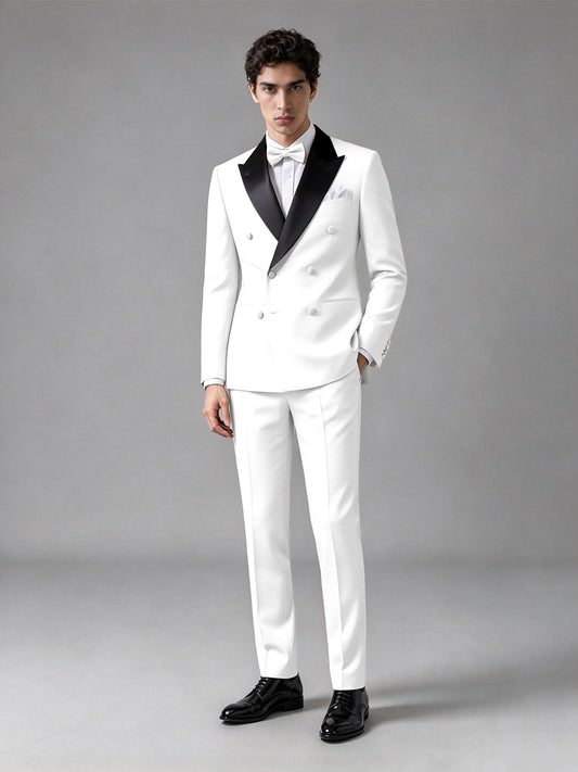 Men's White Double-Breasted Satin Peak Lapel Tuxedo Suit Set (Jacket + Trousers) - White