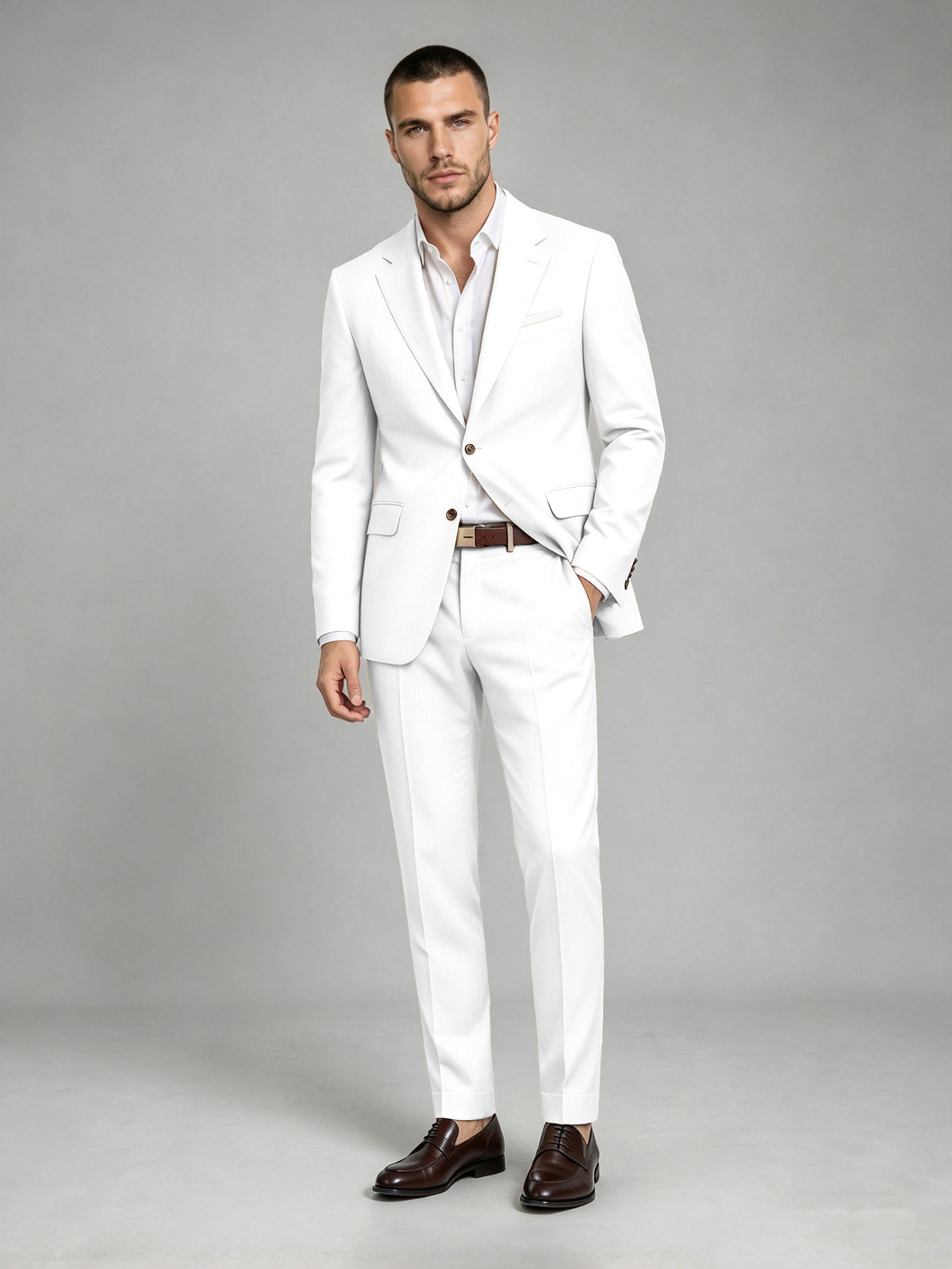 Savile Men's Dark White Wool-Blend 2-Piece Suit Set – Two-Button Notch Lapel Slim-Fit Blazer & Turn-Up Trousers - White
