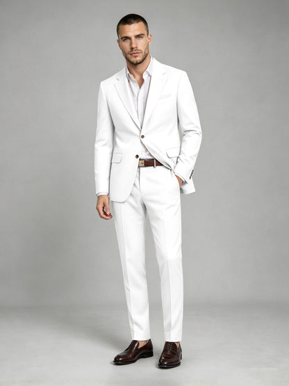 Savile Men's Dark White Wool-Blend 2-Piece Suit Set – Two-Button Notch Lapel Slim-Fit Blazer & Turn-Up Trousers - White