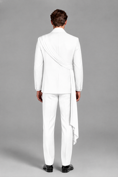 Men's White Draped Sash Suit – Peak Lapel 2-Piece Slim Fit Party, Gala & Wedding Set - White