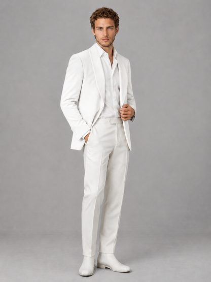 Savile Men's White Velvet Shawl Lapel 2-Piece Tuxedo Suit Set | Jacket & White Trousers - White - White (3)