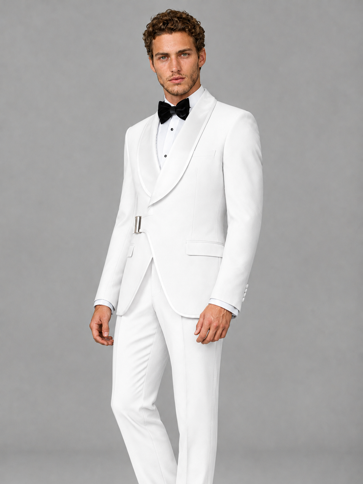 Savile Men's White Velvet Shawl Lapel Tuxedo Suit – Modern Side-Buckle Dinner Jacket & Trousers 2-Piece Set - White