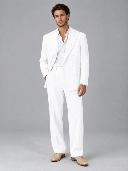 Savile White Beige Double-Breasted 2-Piece Suit with Peak Lapel - White