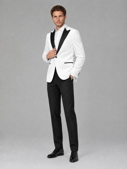 Savile Men's White Velvet Peak Lapel 2-Piece Tuxedo Suit Set | Jacket & Trousers - White