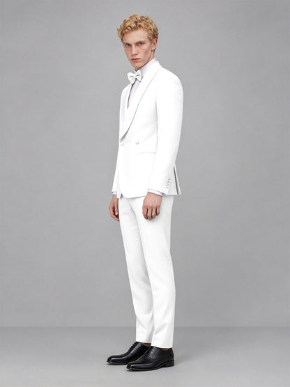 Men's White Single-Button White Satin Shawl Lapel Tuxedo Suit Set | Blazer & Trousers - White