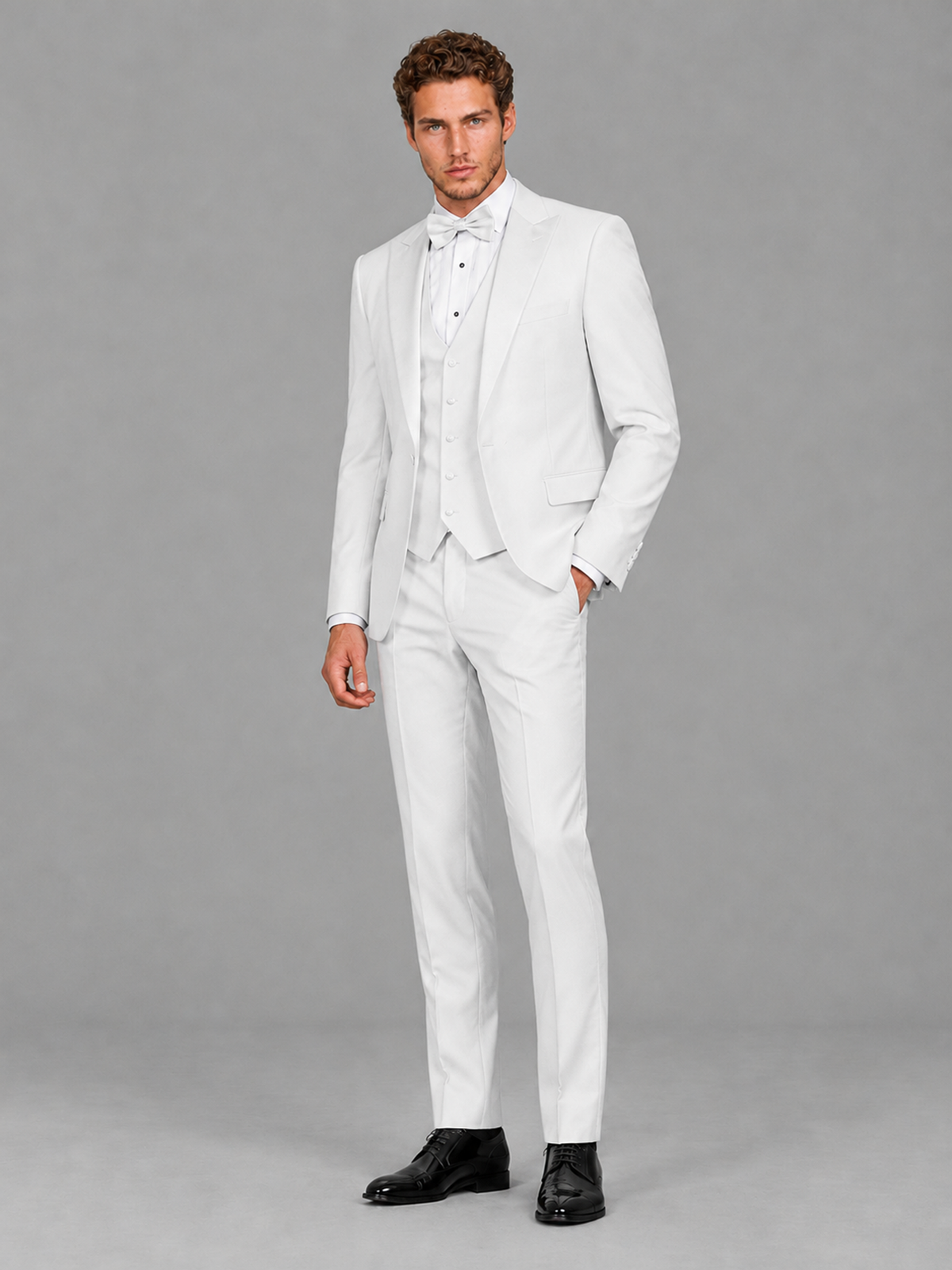 Savile Men's White Peak Lapel 3-Piece Tuxedo Suit | Jacket, Vest & Trousers - White