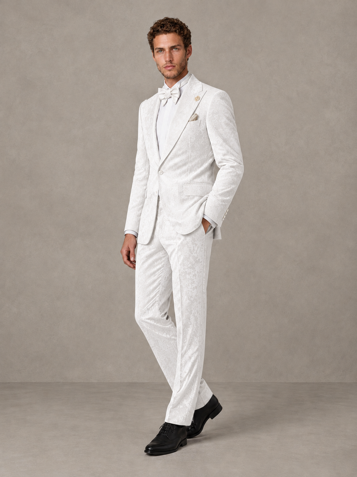 Savile Men's White Crushed Velvet Peak Lapel 2-Piece Suit Set | Jacket & Trousers - White - White (3)