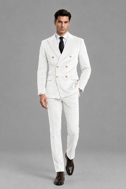 Savile Men's White Velvet Double-Breasted 2-Piece Suit Set | Peak Lapel Blazer & Trousers - White