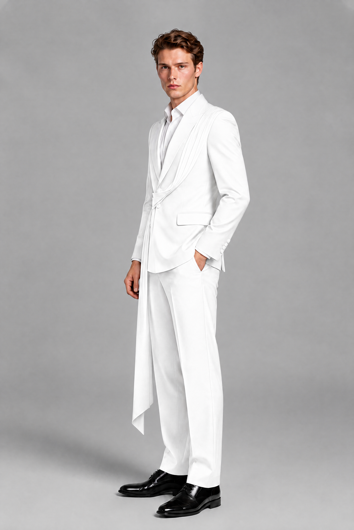 Men's White Draped Sash Suit – Peak Lapel 2-Piece Slim Fit Party, Gala & Wedding Set - White