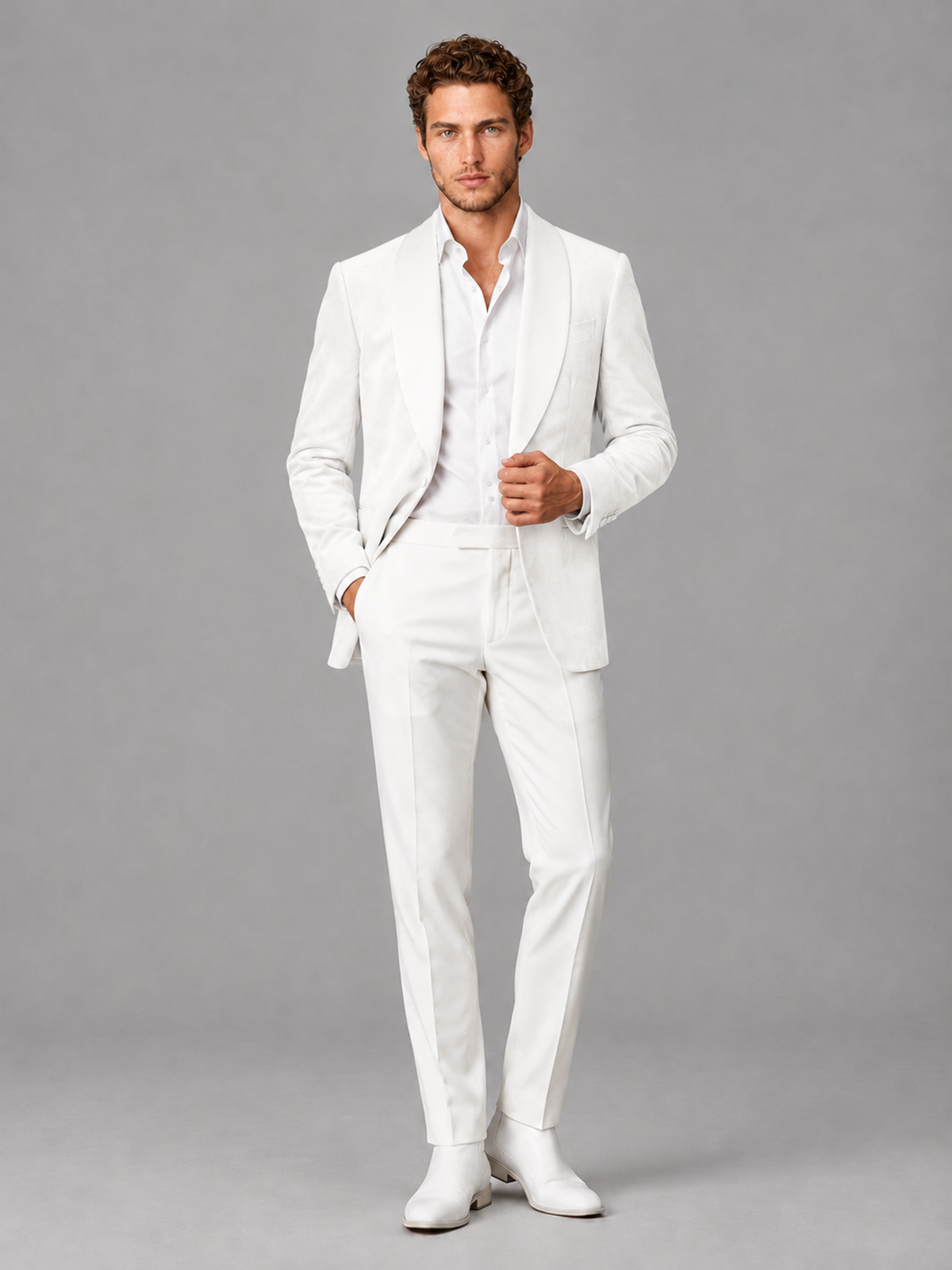 Savile Men's White Velvet Shawl Lapel 2-Piece Tuxedo Suit Set | Jacket & White Trousers - White - White (4)