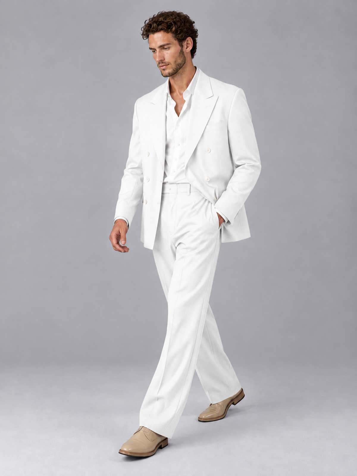 Savile White Beige Double-Breasted 2-Piece Suit with Peak Lapel - White