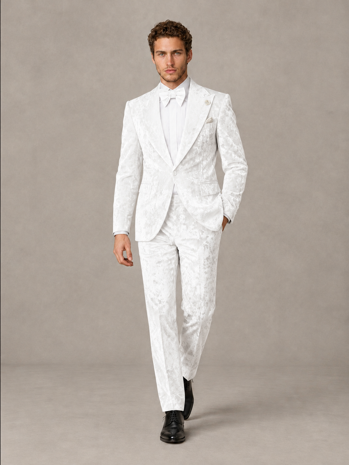 Savile Men's White Crushed Velvet Peak Lapel 2-Piece Suit Set | Jacket & Trousers - White - White (4)