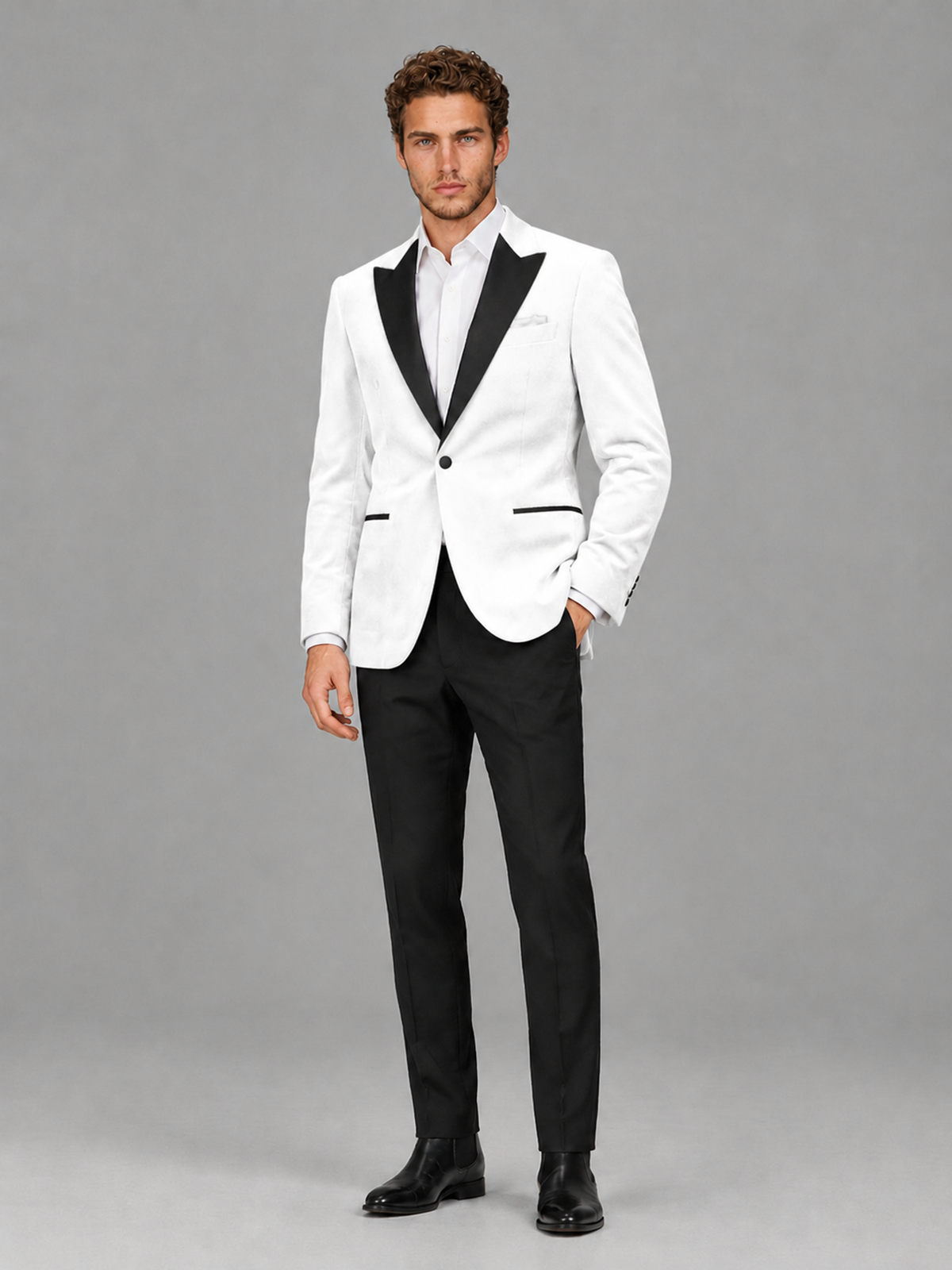 Savile Men's White Velvet Peak Lapel 2-Piece Tuxedo Suit Set | Jacket & Trousers - White