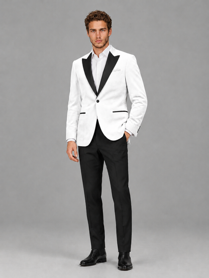 Savile Men's White Velvet Peak Lapel 2-Piece Tuxedo Suit Set | Jacket & Trousers - White