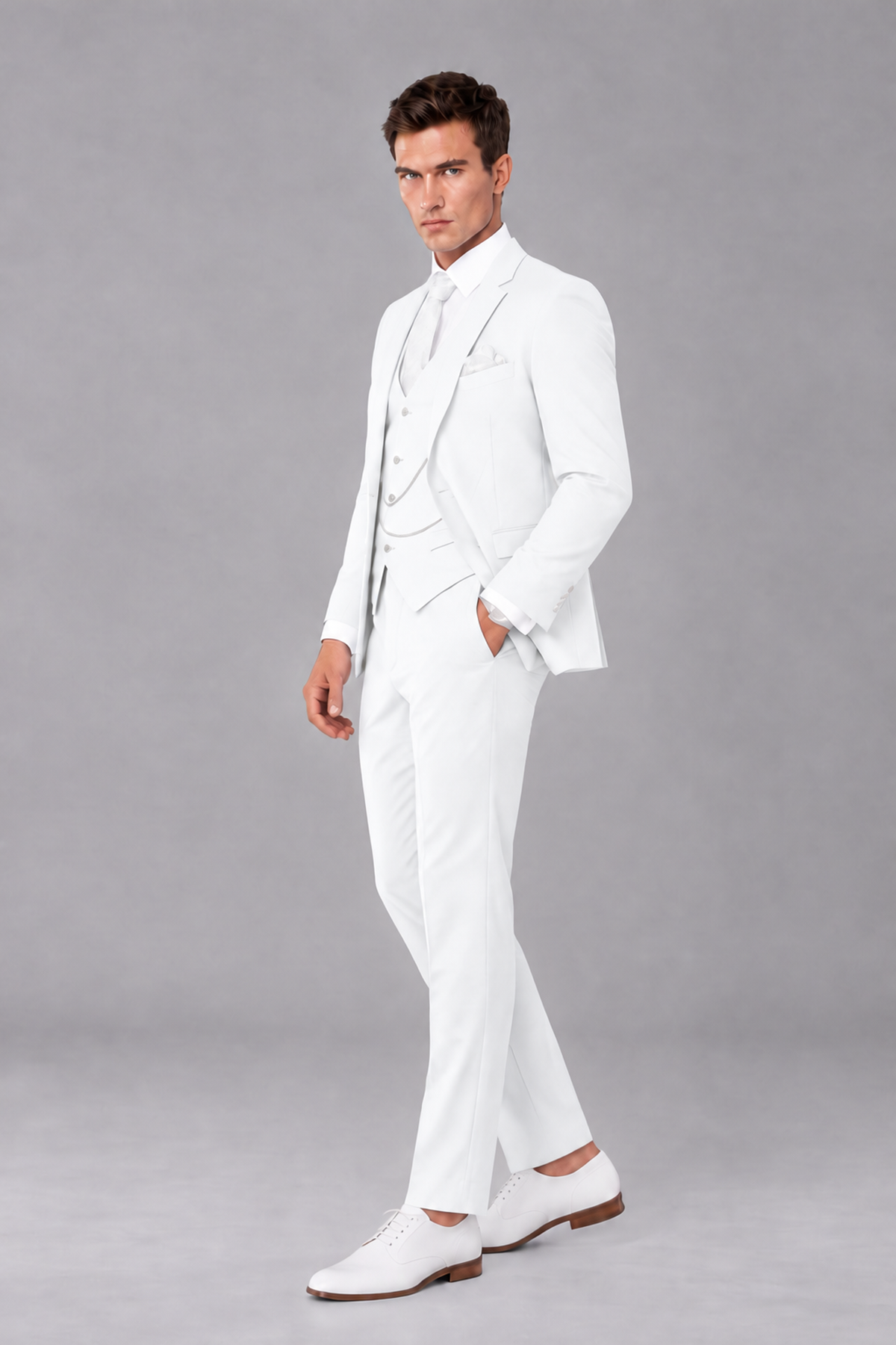 Savile White 3-Piece Suit with Notch Lapel & Chain Vest - White