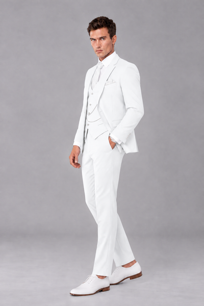 Savile White 3-Piece Suit with Notch Lapel & Chain Vest - White