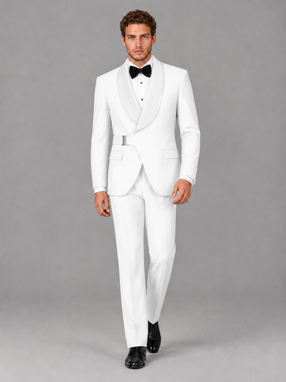 Savile Men's White Velvet Shawl Lapel Tuxedo Suit – Modern Side-Buckle Dinner Jacket & Trousers 2-Piece Set - White