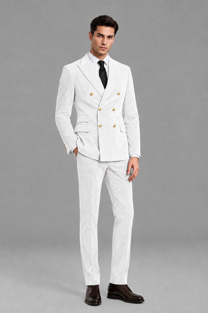 Savile Men's White Velvet Double-Breasted 2-Piece Suit Set | Peak Lapel Blazer & Trousers - White
