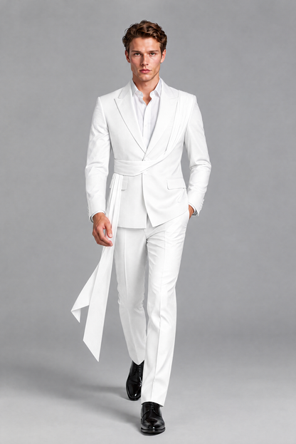 Men's White Draped Sash Suit – Peak Lapel 2-Piece Slim Fit Party, Gala & Wedding Set - White