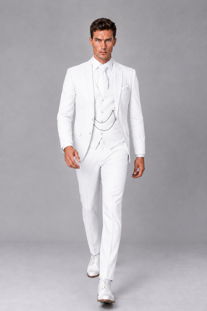 Savile White 3-Piece Suit with Notch Lapel & Chain Vest - White