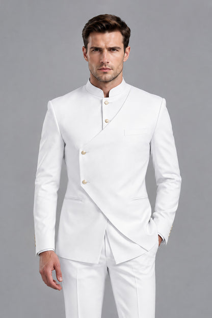 Close-up view of Savile Men's White tuxedo jacket showcasing structured mandarin stand collar, asymmetrical curved front, and gold-tone buttons
