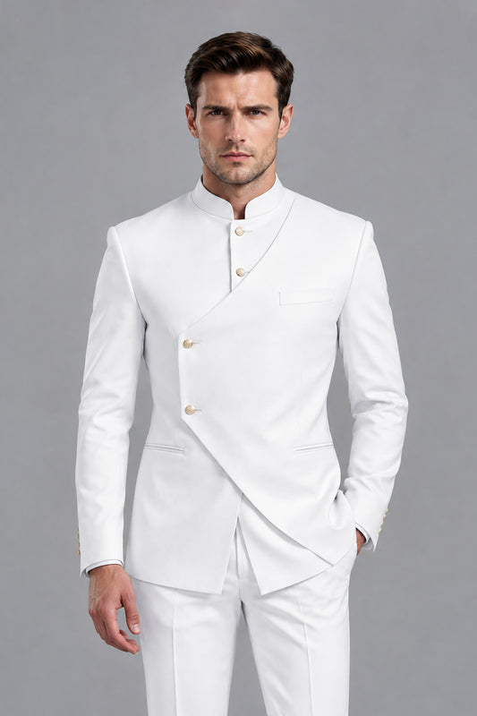 Close-up view of Savile Men's White tuxedo jacket showcasing structured mandarin stand collar, asymmetrical curved front, and gold-tone buttons