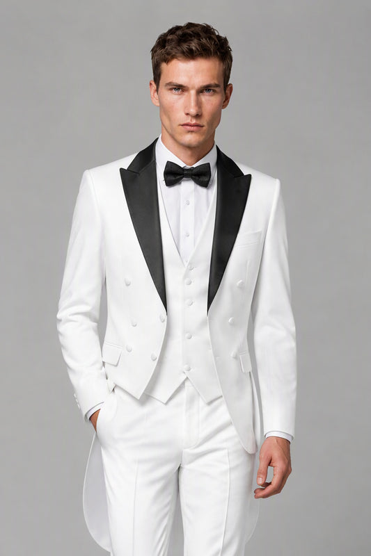 Savile White Evening Tailcoat with Black Contrast Satin Peak Lapel and Vest - Close-Up Detail