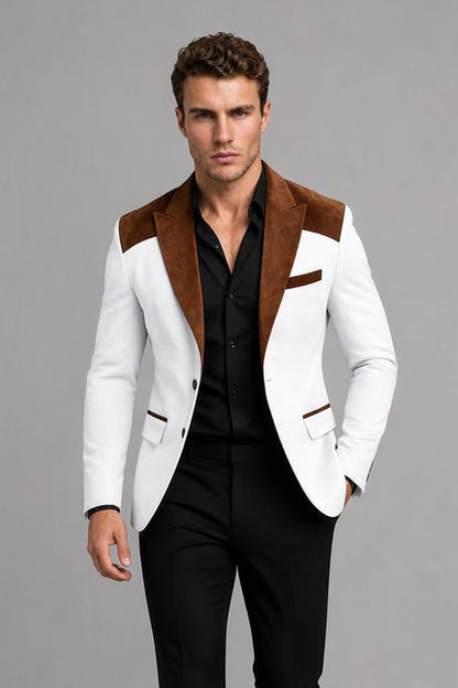 Men's White Velvet Contrast Blazer - Upper Body Front | Savile AA0001