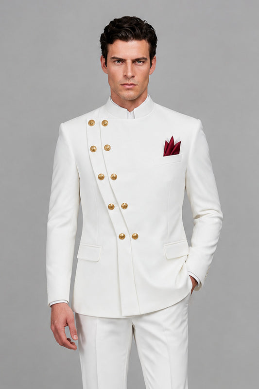 BOLODOO White Mandarin Collar Suit Jacket - Asymmetrical Gold Buttons and Pocket Square Detail