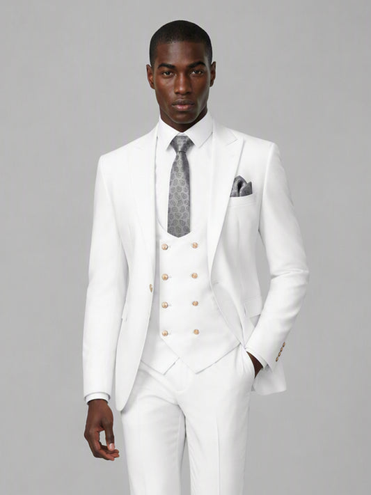 Men's White 3-Piece Suit Set – Jacket, Double-Breasted Vest & Trousers