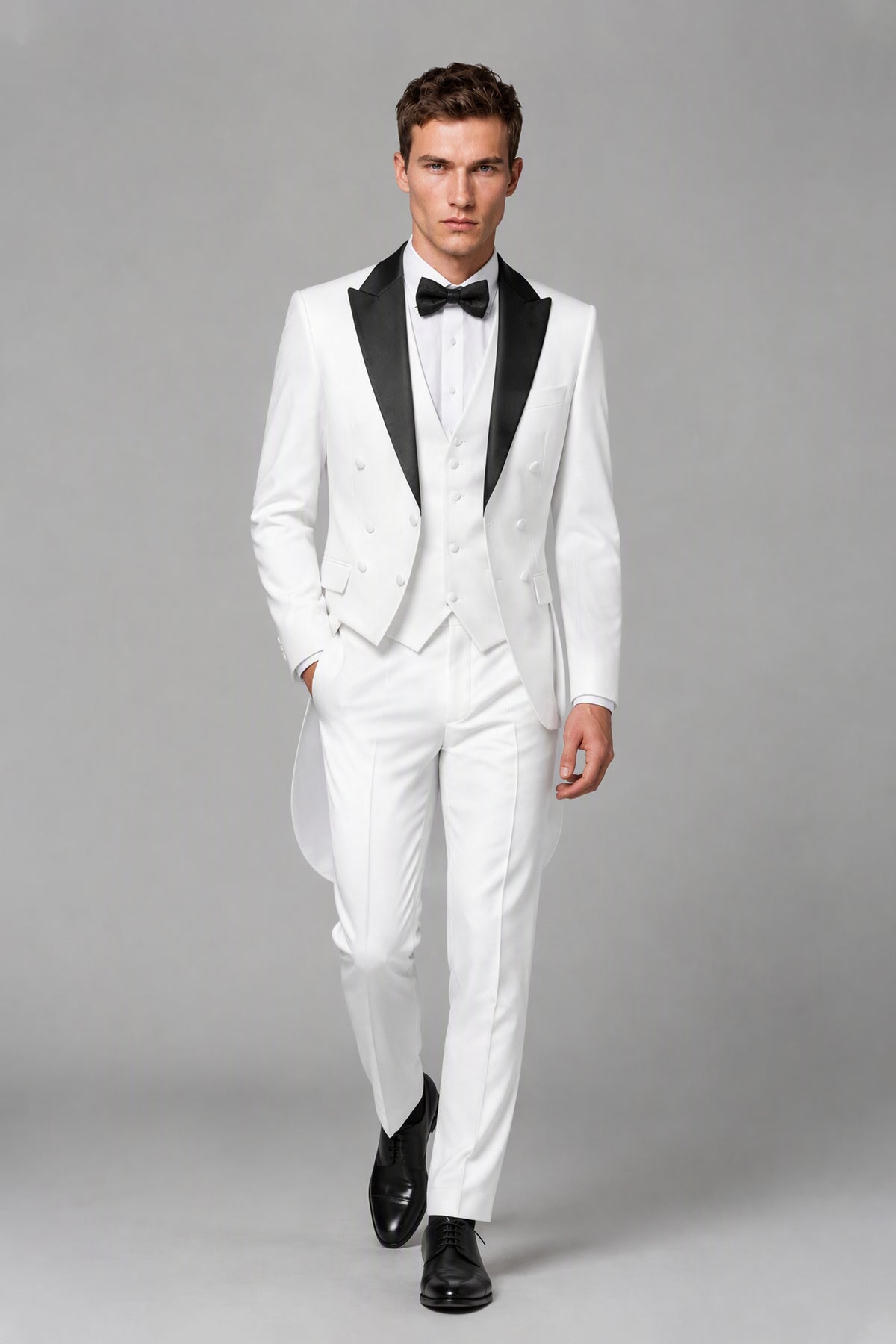 Savile White 3-Piece Tuxedo Tailcoat Suit with Black Peak Lapel - Front Full View