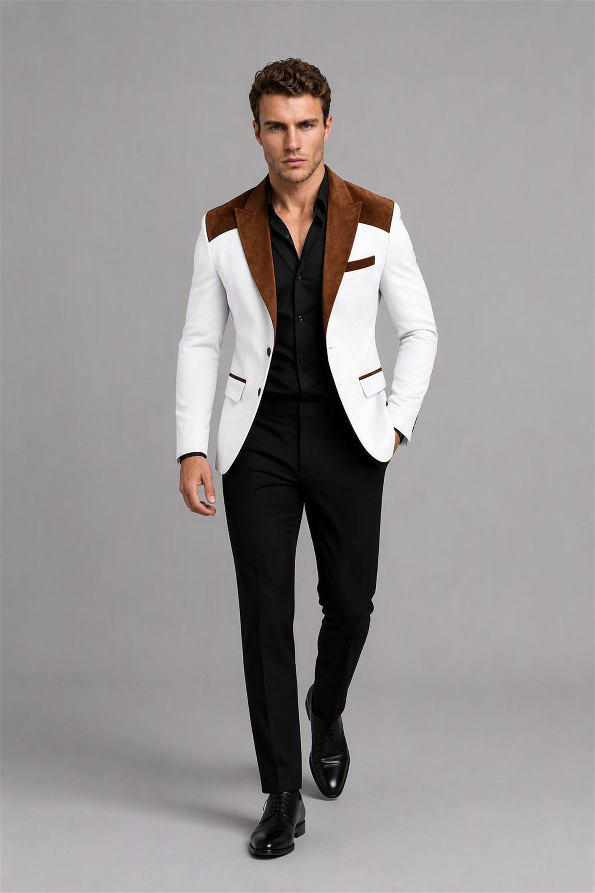 Men's White Velvet Contrast Blazer - Front Full Length | Savile AA0001