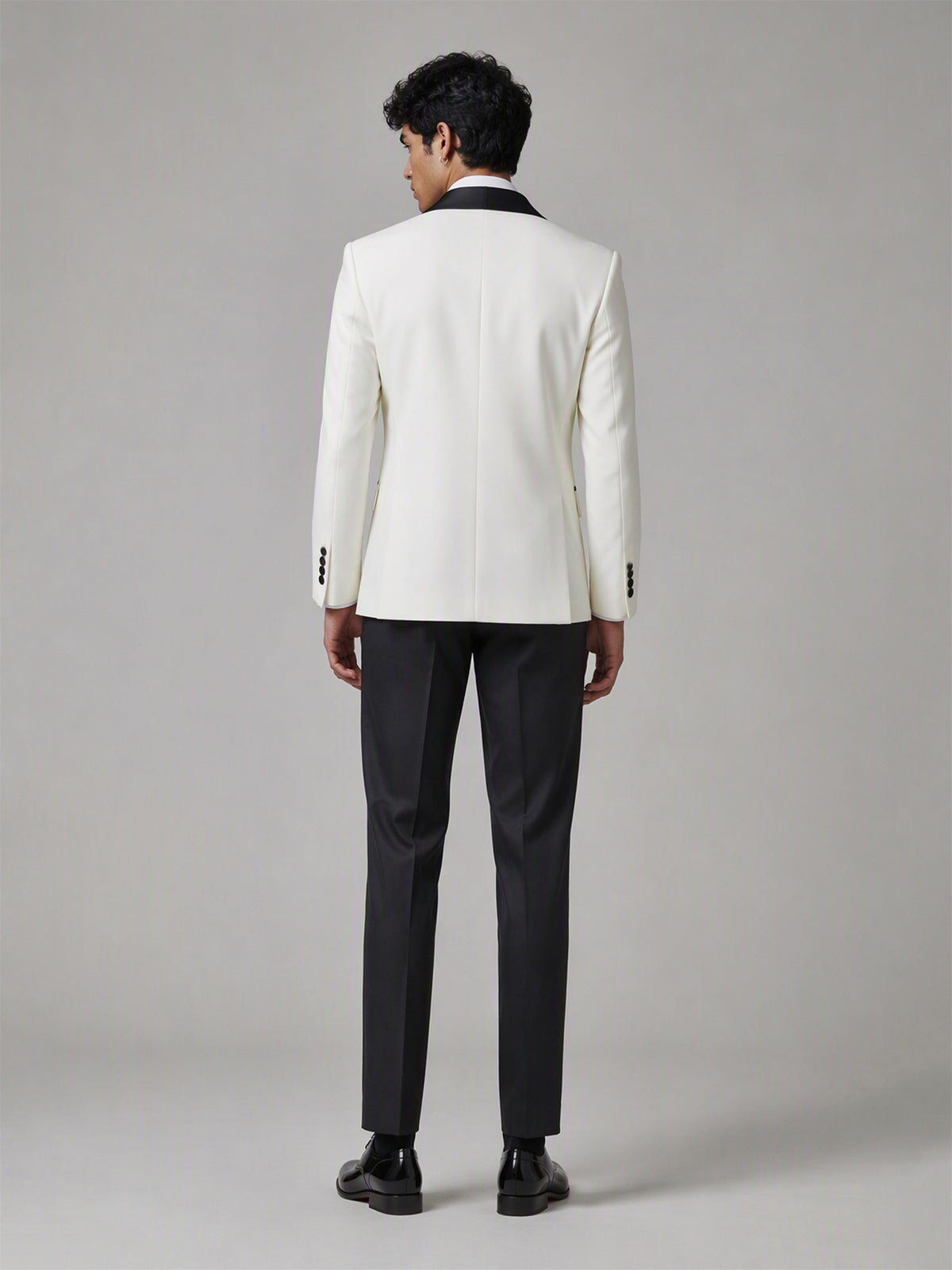 Men's Ivory White Double-Breasted Black Satin Peak Lapel Tuxedo Suit Set | Blazer & Trousers