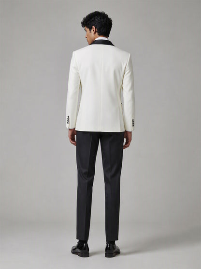 Men's Ivory White Double-Breasted Black Satin Peak Lapel Tuxedo Suit Set | Blazer & Trousers