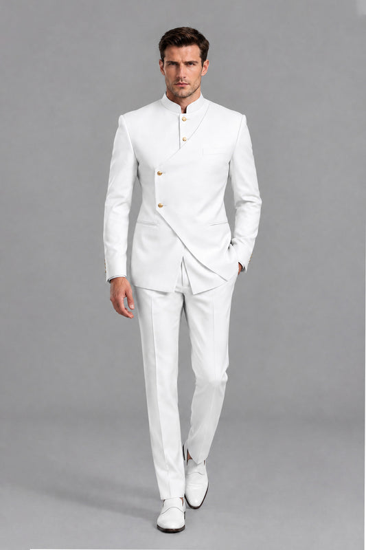 Savile Men's White Asymmetrical Mandarin Collar 2-Piece Suit Set – Full-length front view of tailored jacket and trousers with gold buttons
