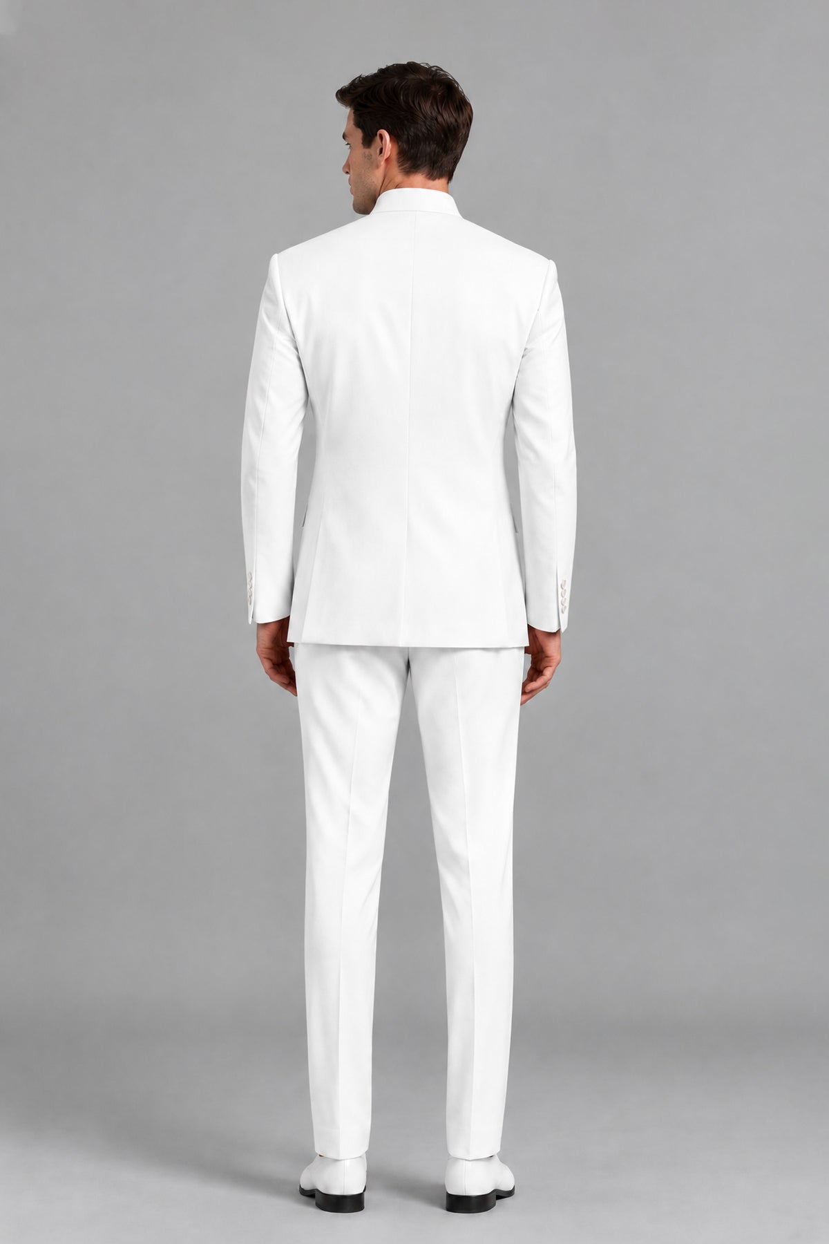 Savile Men's White 2-Piece Suit Set – Back view displaying smooth ventless tailoring and tailored trouser break